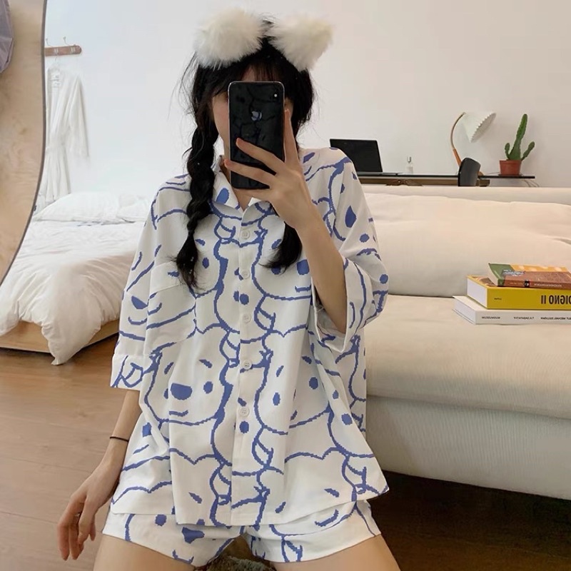 Bộ Pijama, Đồ Bộ Mặc Nhà Nữ Dáng Cộc Dễ Thương Cute