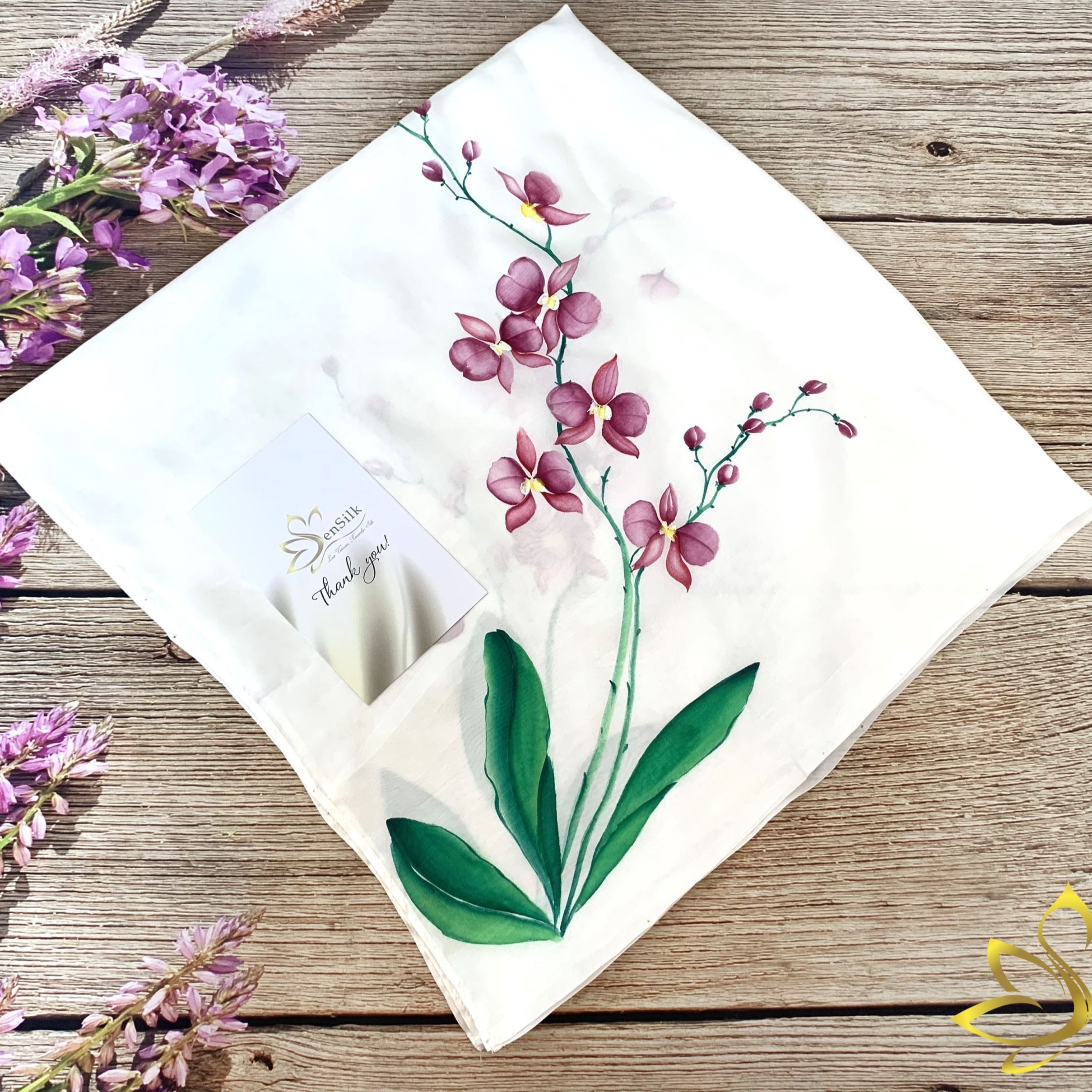 Khăn Lụa Tơ Tằm Vẽ Hoa Lan SenSilk 90x90cm, Khăn Lụa Vuông, Lụa Tơ Tằm Vẽ Tay, Khăn Lụa Mỏng, Tơ Lụa Nha Xá, Vietnam Silk Embroidery Scarf
