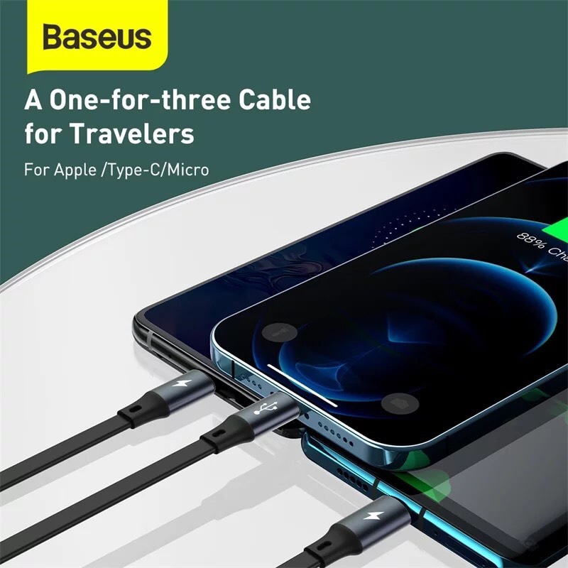 Baseus little octopus drawstring charging cable built-in 3 pin type-C/Micro USB/lightning fast charge 3.5a 1.2m special design