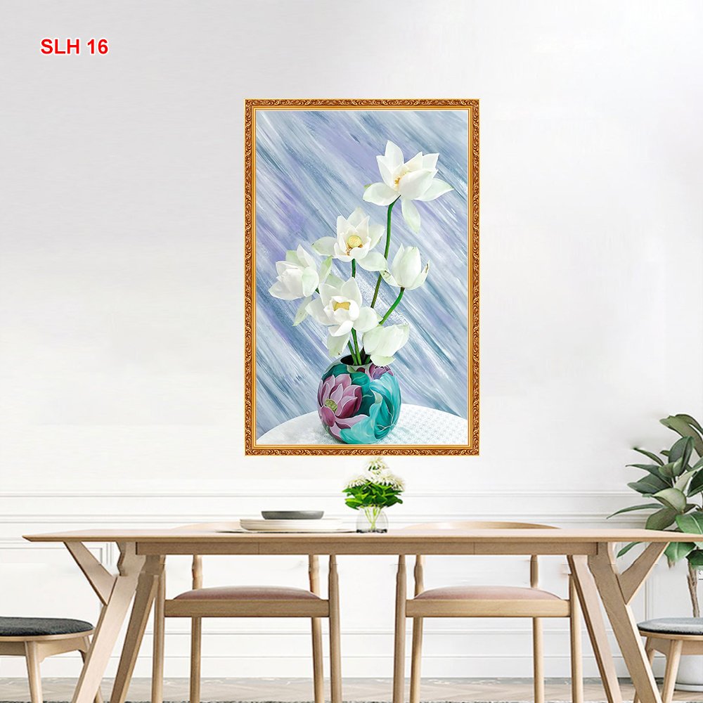 Tranh dán tường 3d lọ hoa sen trắng trang nhã - slh 16- tranh hoa sen đẹp trang trí nhà