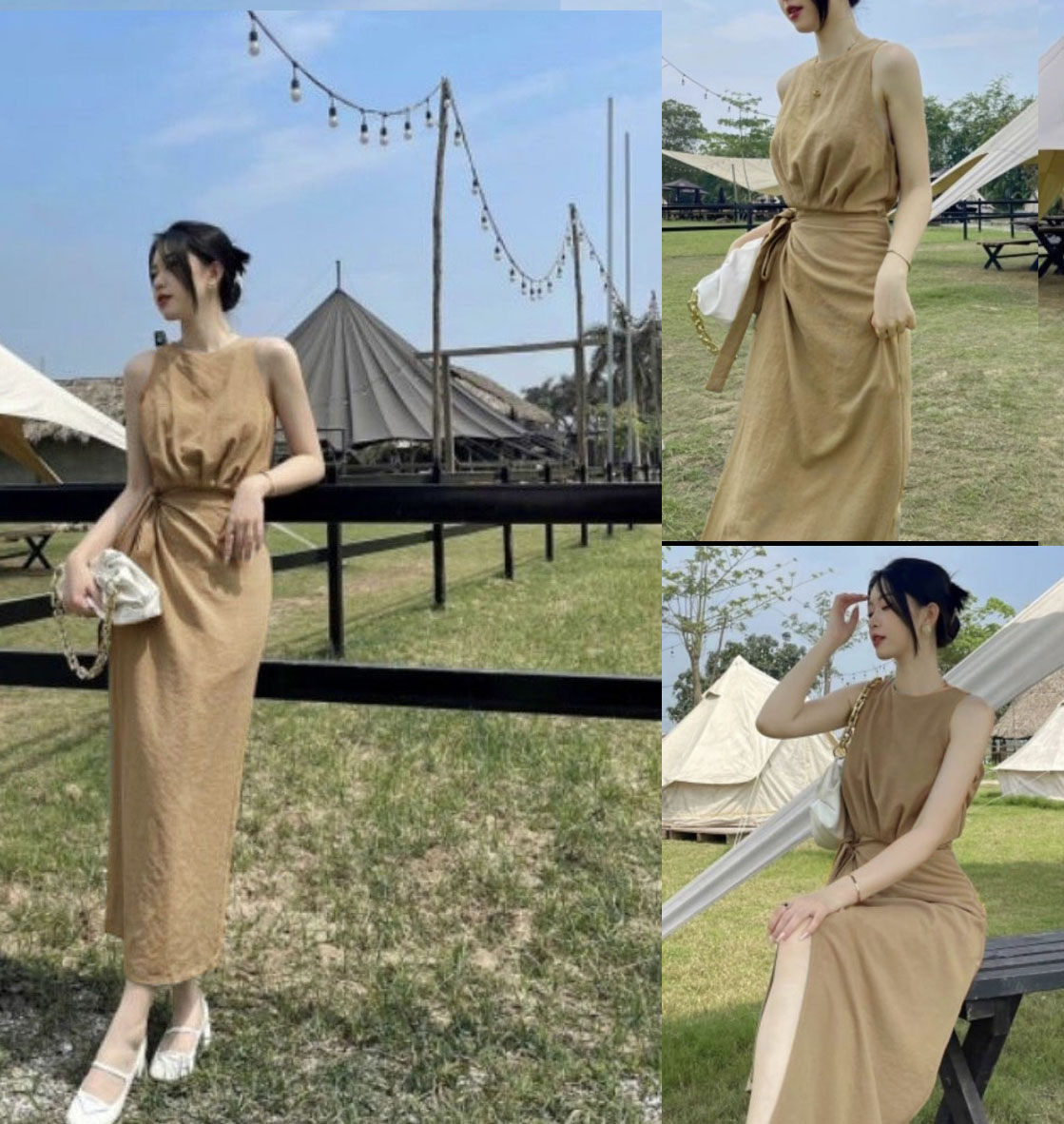 Đầm sát nách dáng dài tà đắp buộc nơ eo