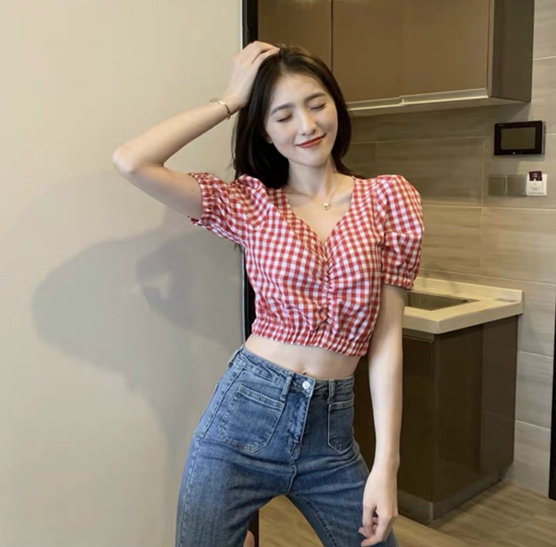 Áo caro rút ngực form croptop 50kg