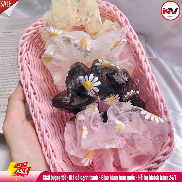 Dây Buộc Tóc Scunchies Vải Hoa Cúc Hàn Quốc Cho Nữ