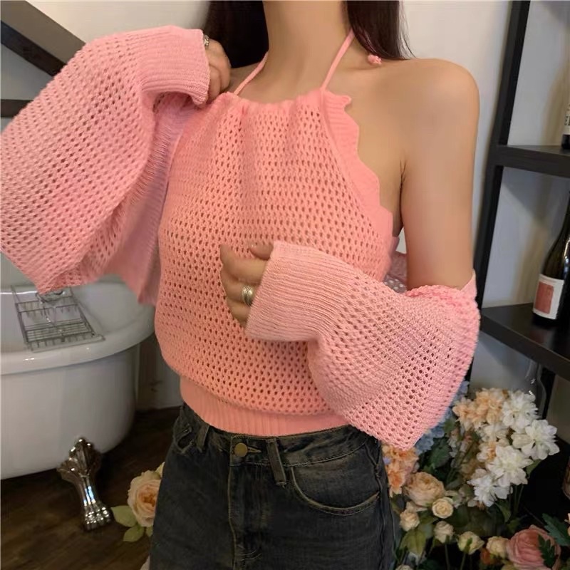 set len dệt kim - len lưới kiểu yếm & choàng lửng (1580#)