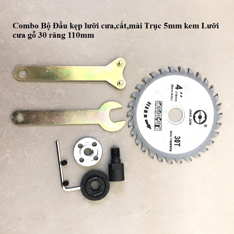 Bộ kẹp lưỡi cưa,cắt cho motor 775 trục 5mm kèm lưỡi cưa đĩa cắt gỗ 110x20mm