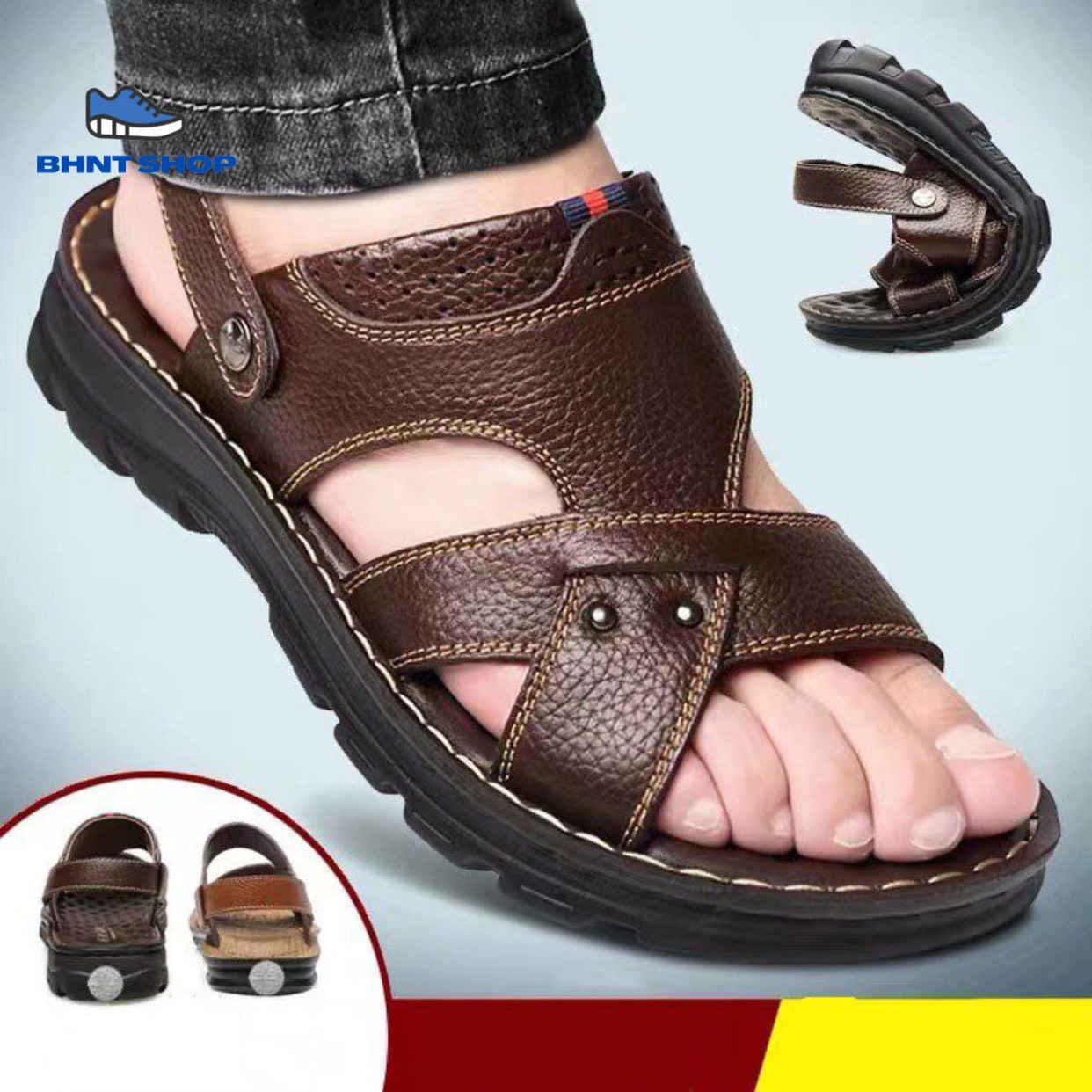 HOÀN TIỀN 15% - Sandal Quai Chéo Nam Da Bò Đế Khâu Dép Quai Hậu Phong Cách Lịch Lãm