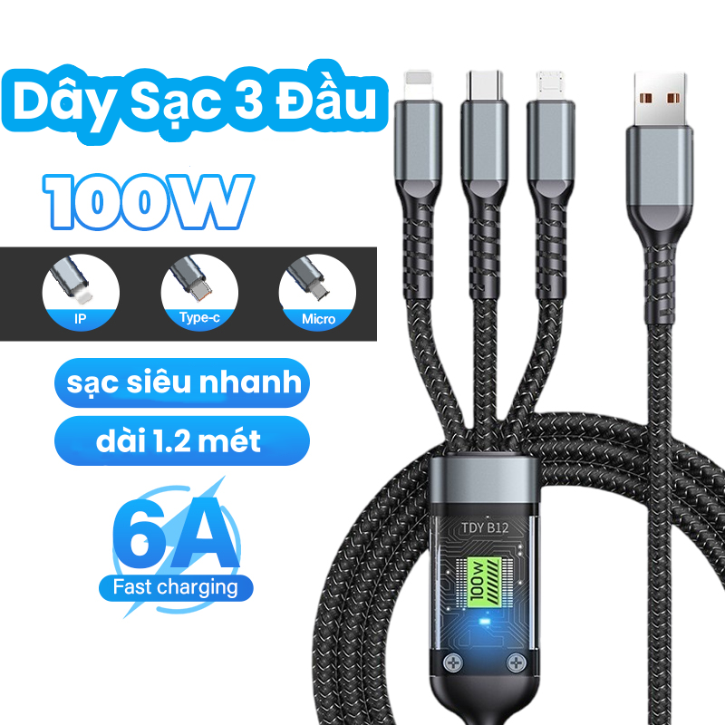 [Bảo hành 1 đổi 1] Dây Sạc Tự Ngắt 3 đầu Dây Cáp Sạc Dữ Liệu Sạc Nhanh 6A 100W Micro USB Type C 3 Trong 1 cáp sạc nhanh type c/iphone - HC Offficiall