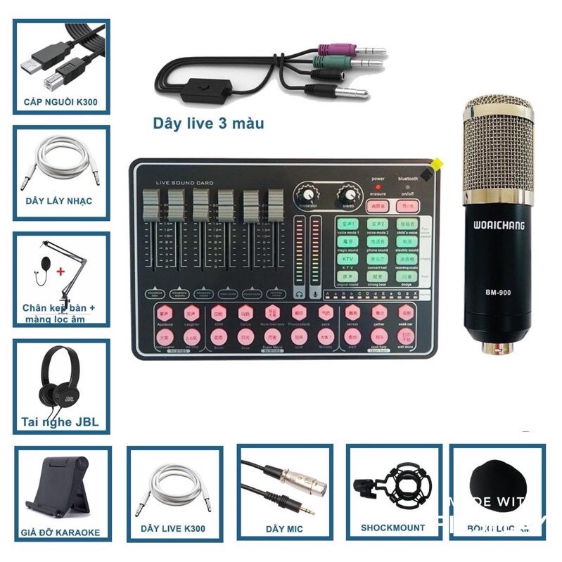 BỘ 3 COMBO THU ÂM LIVESTREAM CỰC HAY MIC BM900 KÈM SOUND CARD V8-H9-K300 ĐẦY ĐỦ PHỤ KIỆN BÀO HÀNH 12 THÁNG