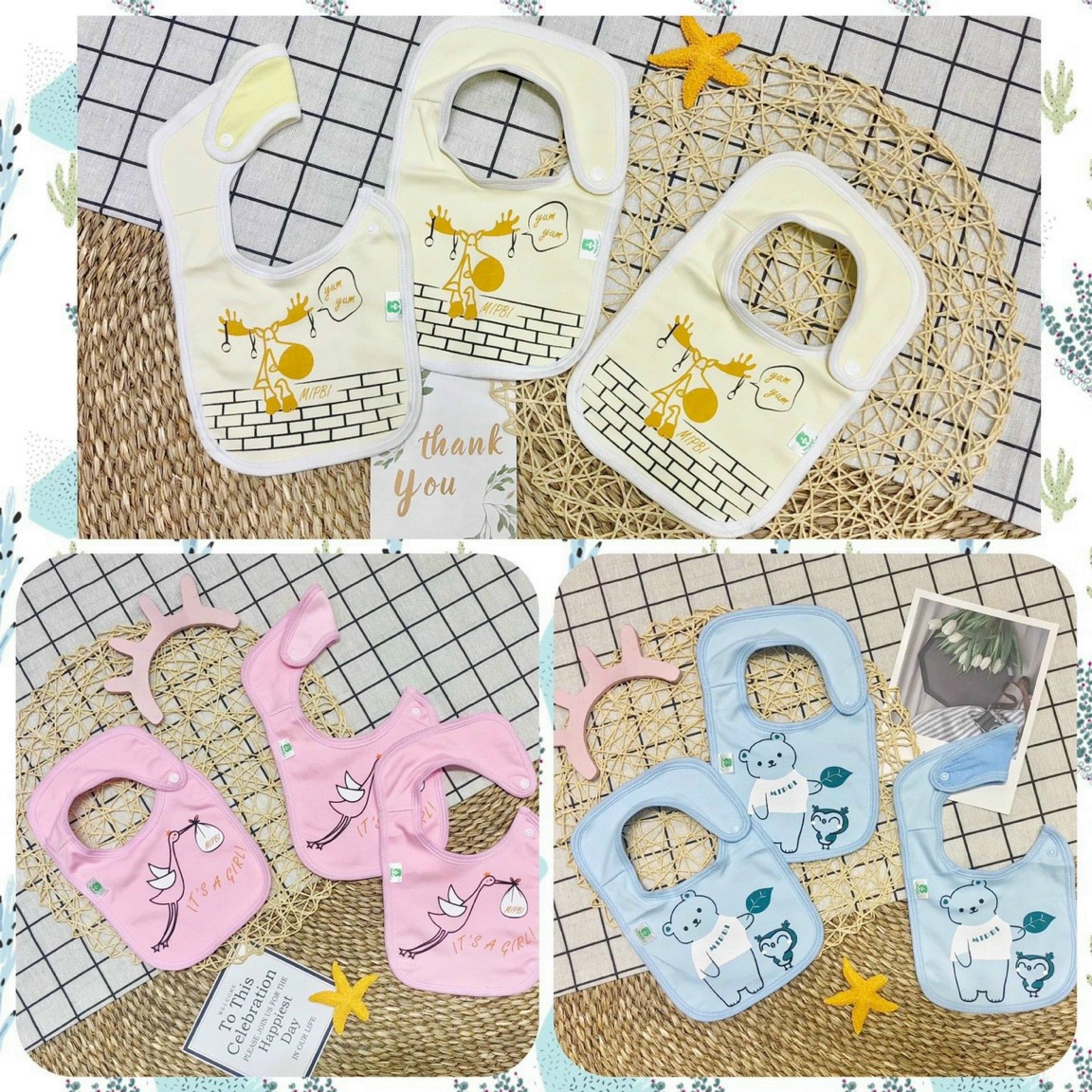 [Chính Hãng] Set 3 yếm vuông sơ sinh cotton cho bé Mipbi