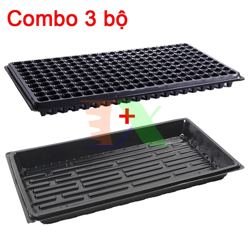 Set of 3 tray plastic PVC ươm seed enclosed basin bottom water-bearing 55*30*5.5cm, blister ươm seed enclosed water storage tray
