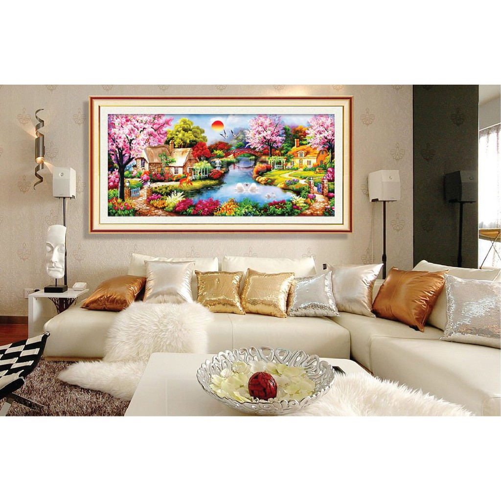 Tranh thêu chữ thập 3D ngôi nhà mùa xuân LV3008 - KT:132*62cm