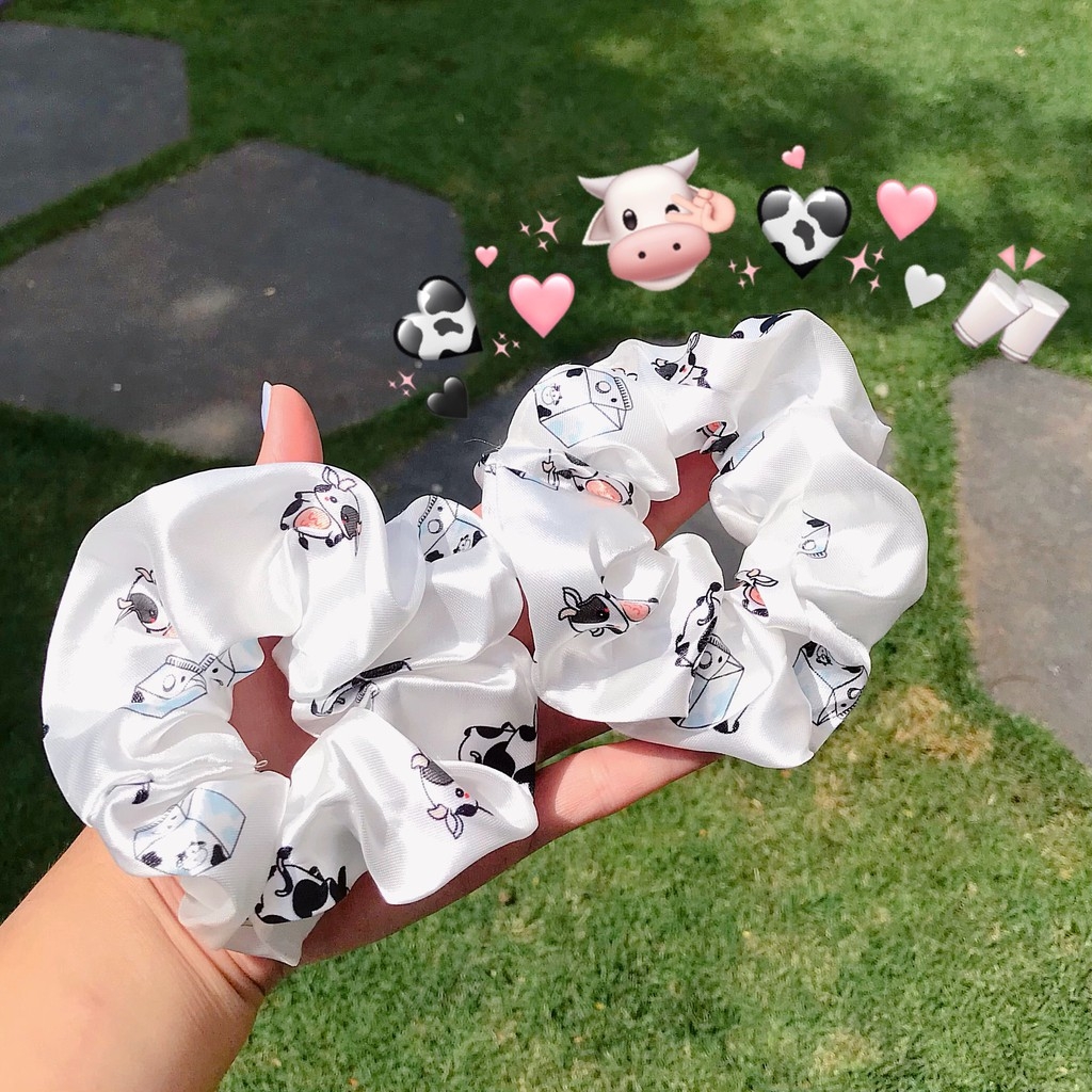 Dây cột tóc vải scrunchies hình thú - hình bò sữa