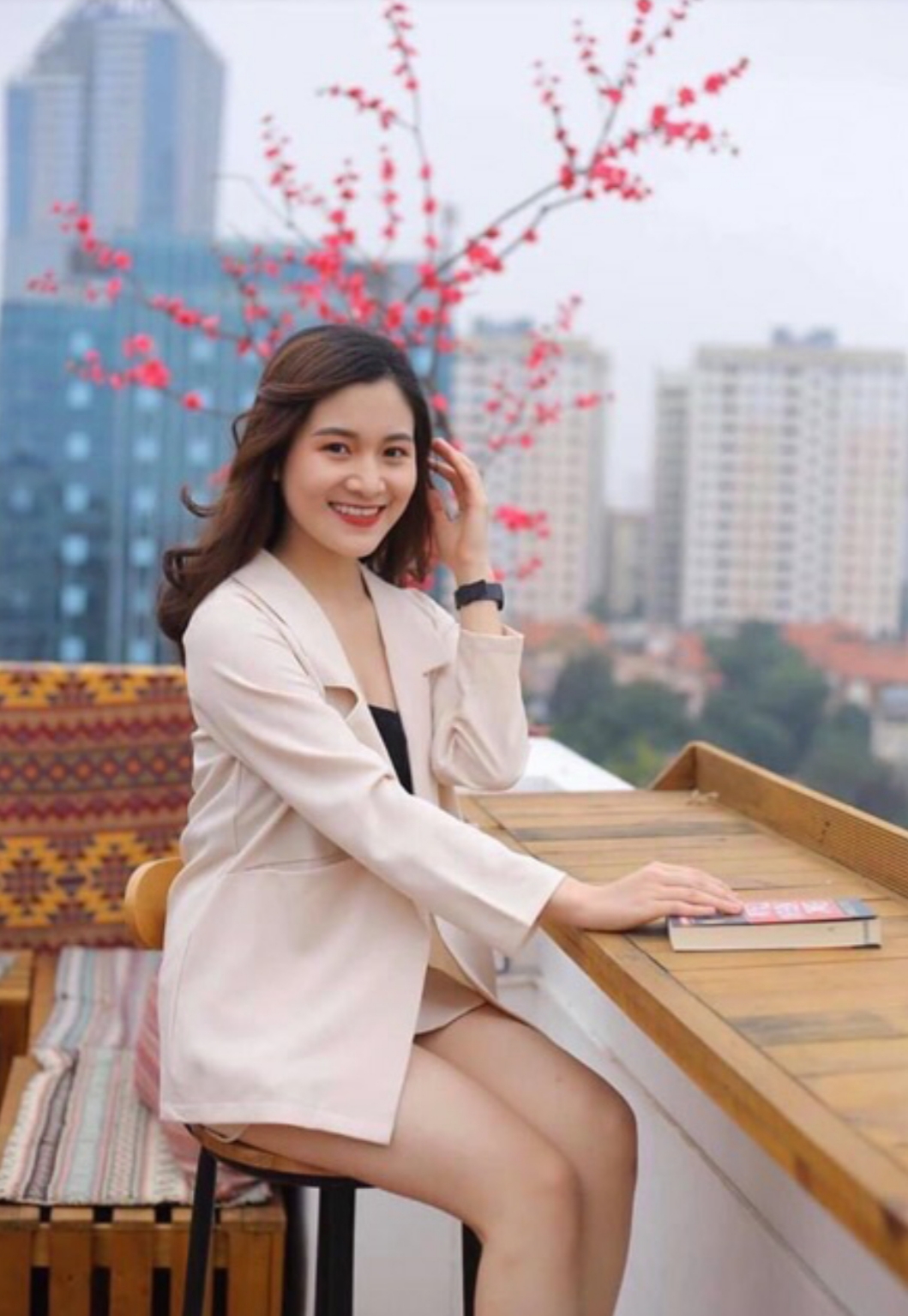 [HCM]Áo Blazer nữ trắng ghi 1 lớp cao cấp