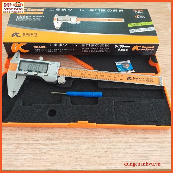 Thước kẹp điện tử cao cấp hãng Kapusi Nhật Bản màn hình LCD hiển thị, Chiều dài 150mm . Độ chính xác cực cao, thân làm bằng théo không rỉ cao cấp