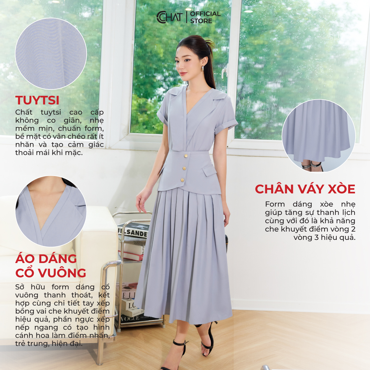 Sét Đồ Nữ Áo Chân Váy Xếp Ly Cape Chất Mango Cao Cấp 13BNE2007XT