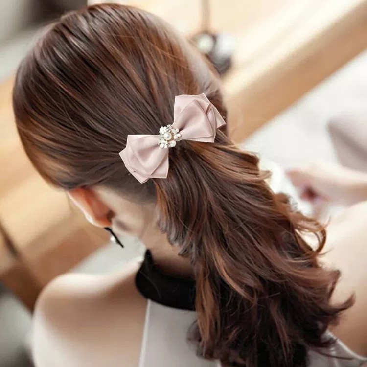 Kẹp tóc nơ đính đá ngọc hồng ❤️Kẹp Nơ Tiểu Thư❤️ Búi tóc / Hoa cài Tóc Đẹp/ Làm đẹp mái tóc / Phụ kiện cho nữ