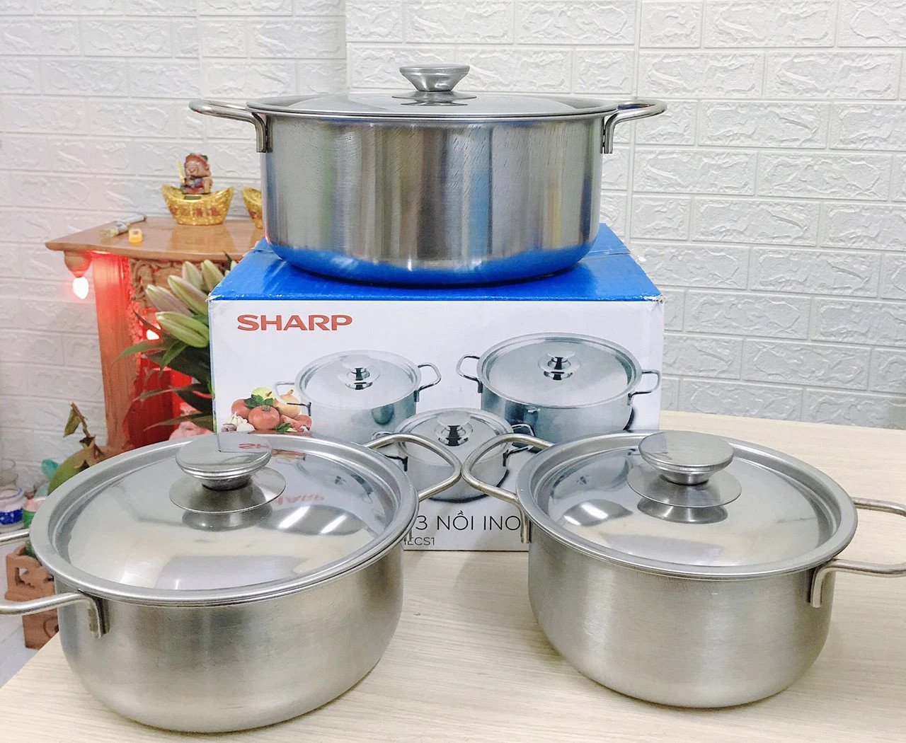 Bộ 3 nồi inox bếp từ - bộ nồi inox sharp -bộ 3 nồi inox sharp 16cm- 20cm- 24cm hàng đẹp- dùng cho mọi loại bếp