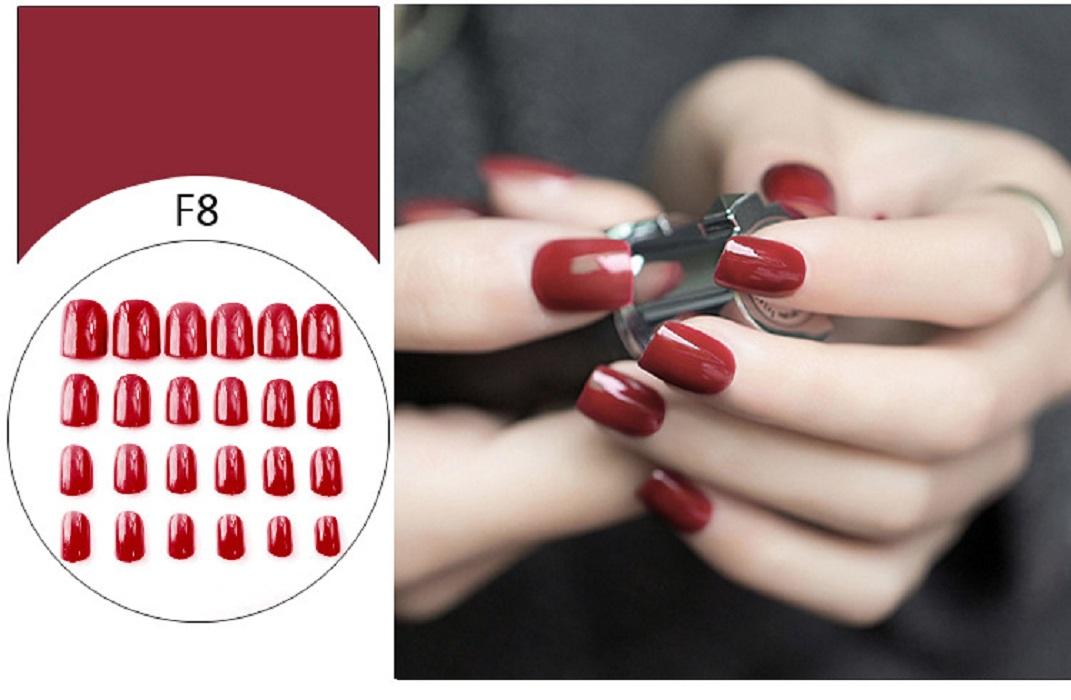 Bộ 24 móng tay giả đỏ đô vuông (kèm keo+miếng dán+dũa)