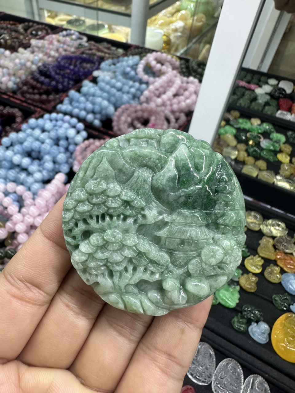 Natural Green Jade Carved mountain and water Pendant