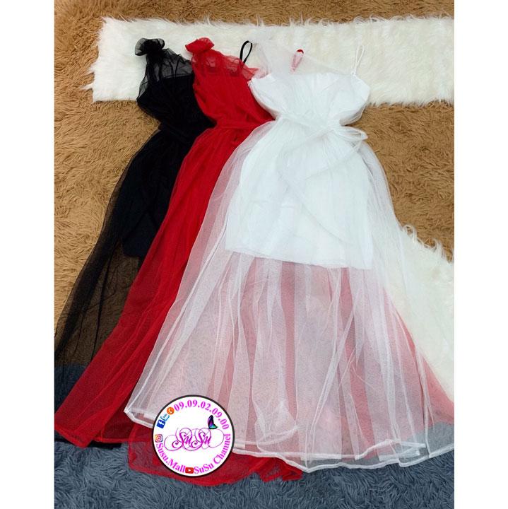 [HCM]Đầm Maxi dạ tiệc chất voan phối thun lót cổ kiểu lệch vai
