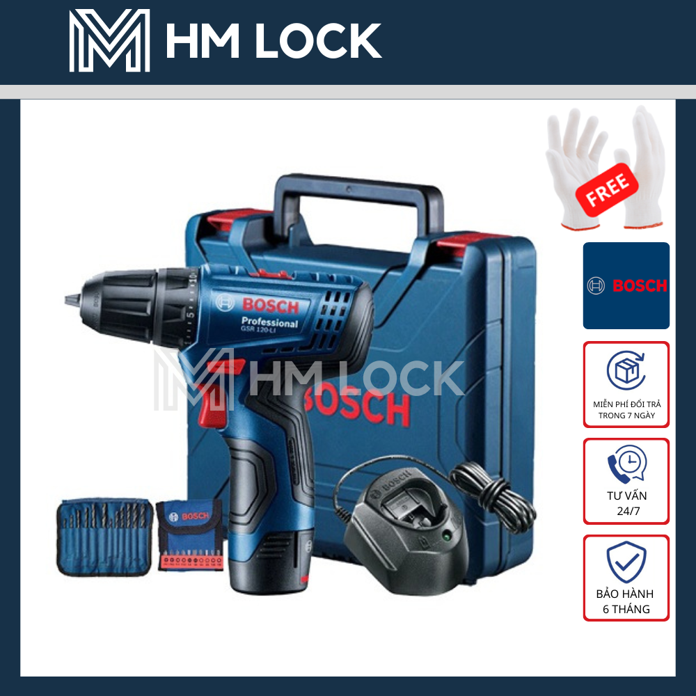 Máy khoan vặn vít dùng pin 12v bosch gsr 120-li gen ii - kèm 1pin 2ah, 1 sạc, 1 bộ phụ kiện, mũi khoan - hàng chính hãng