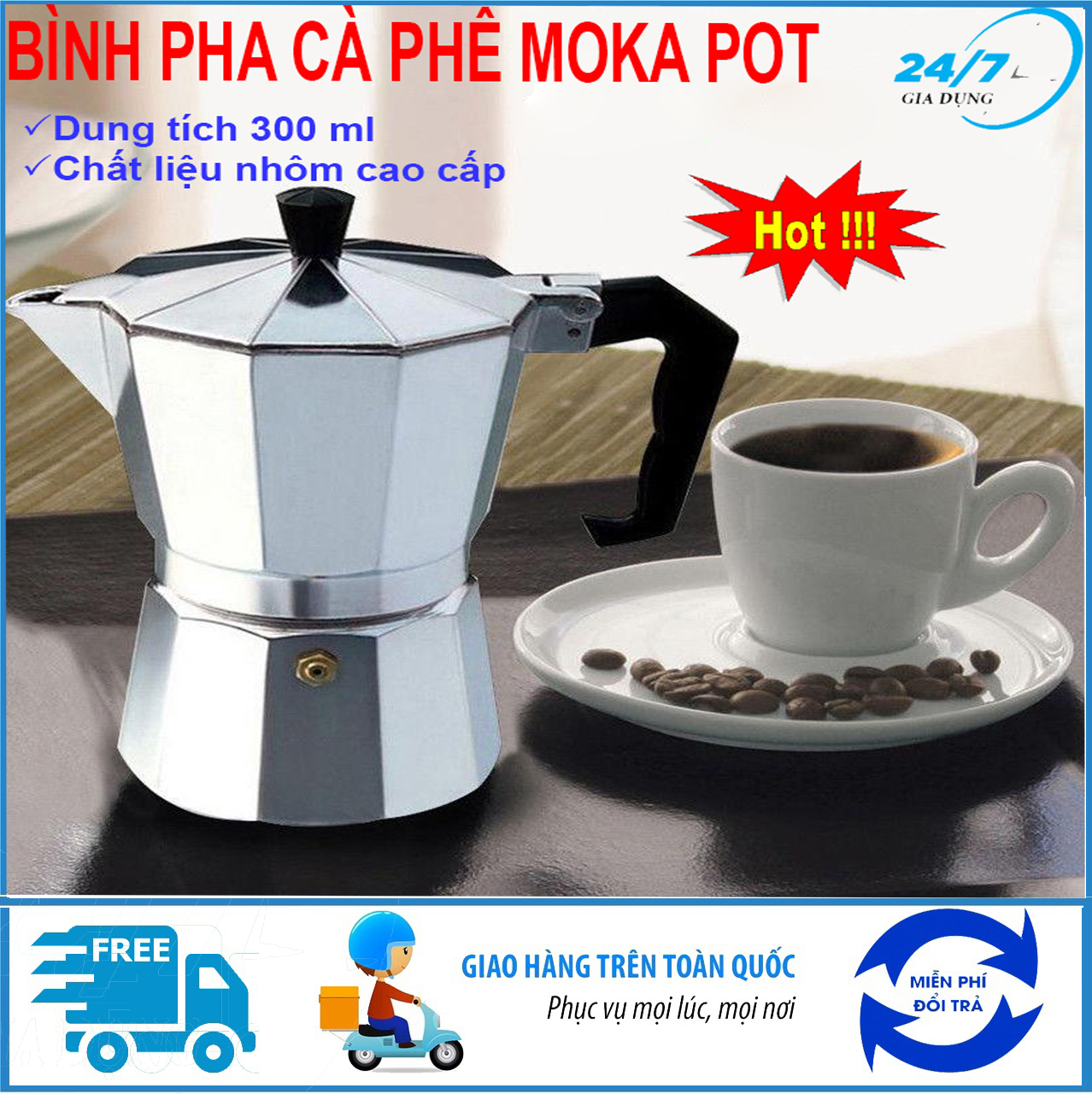 Bình pha ca phê Moka Pot 300ml, ấm pha cà phê siêu tốc bằng nhôm cao cấp, ấm pha cafe thông minh, máy pha cà phê có thể sử dụng như ấm pha trà, ấm pha chè, ấm pha trà mini tiện lợi cho gia đình, văn phòng - Giadungbv247