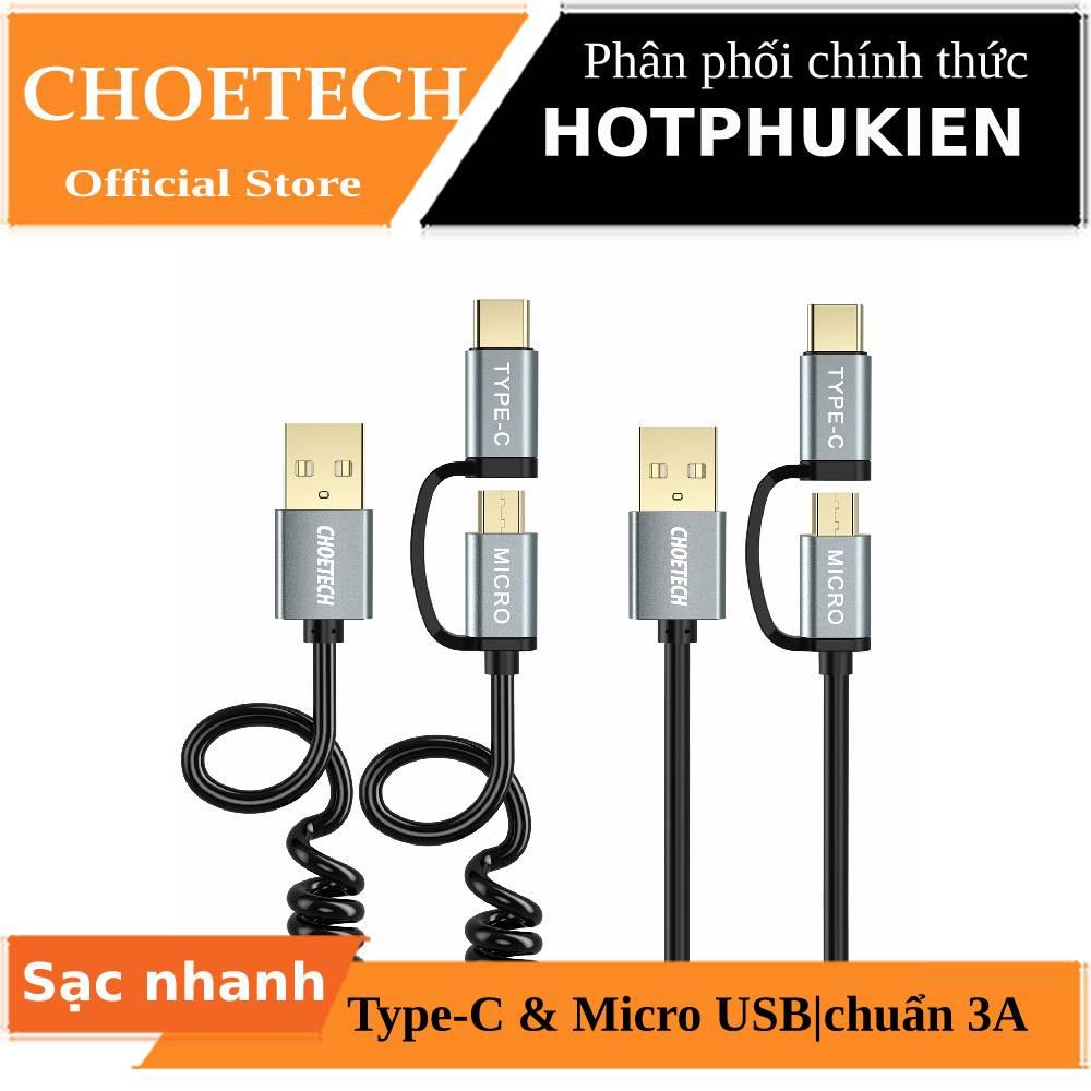 [HCM](mua 1 tặng 1) Dây cáp sạc type c choetech MIX00021 sạc nhanh 3A 2 đầu Type-C và micro usb  dài 120cm sạc nhanh 3A sạc nhiều thiết bị chip sạc thông minh 1 dây lò xo & 1 dây thẳng) iphone ipad samsung oppo huawei xiaomi