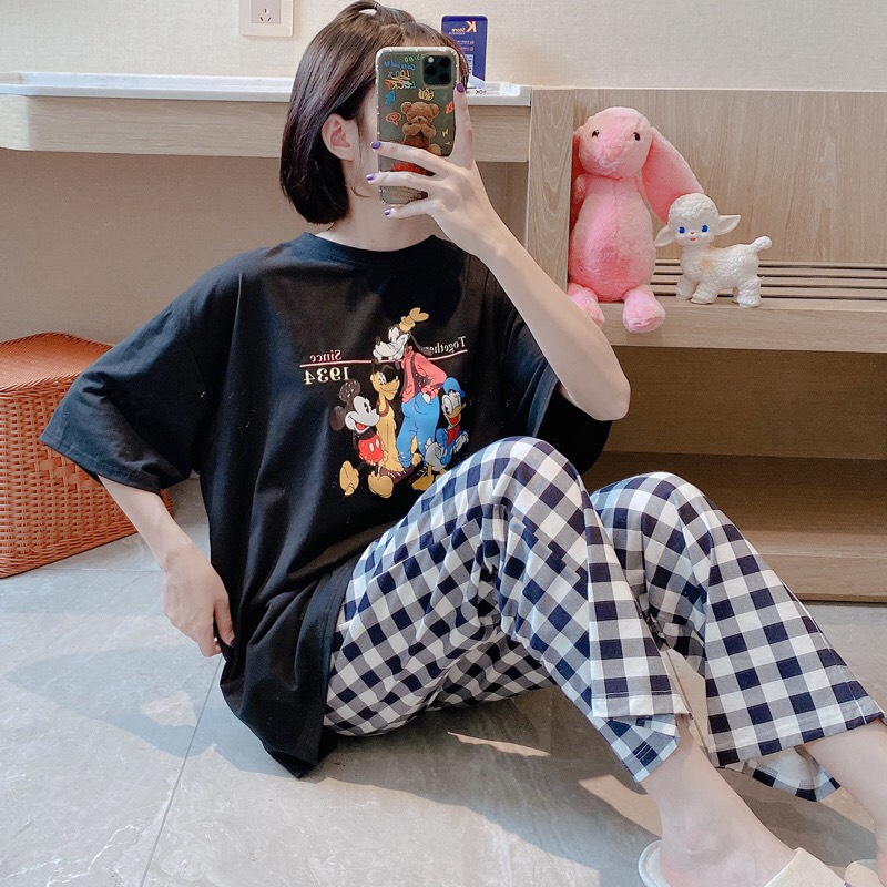Sét Bộ In Hình Chuột Quần Caro Cute Lạc Lối TTSA0579