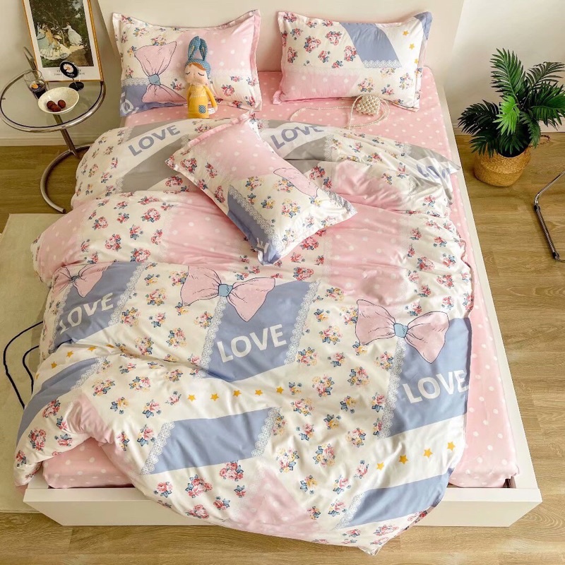 Bộ chăn ga gối cotton poly - Mẫu hoa nơ xanh.