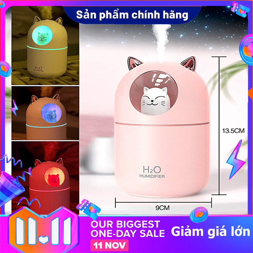 Máy Xông Tinh Dầu, Máy xông hơi mặt mũi họng, Máy Phun Sương có đèn led thay đổi màu phun sương mạnh, Đèn xông tinh dầu mini hình con mèo