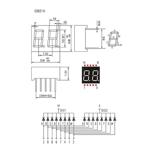 LED 7 THANH 3621AS 0.36 INCH 2 SỐ MÀU ĐỎ 10 CHÂN CATHODE CHUNG