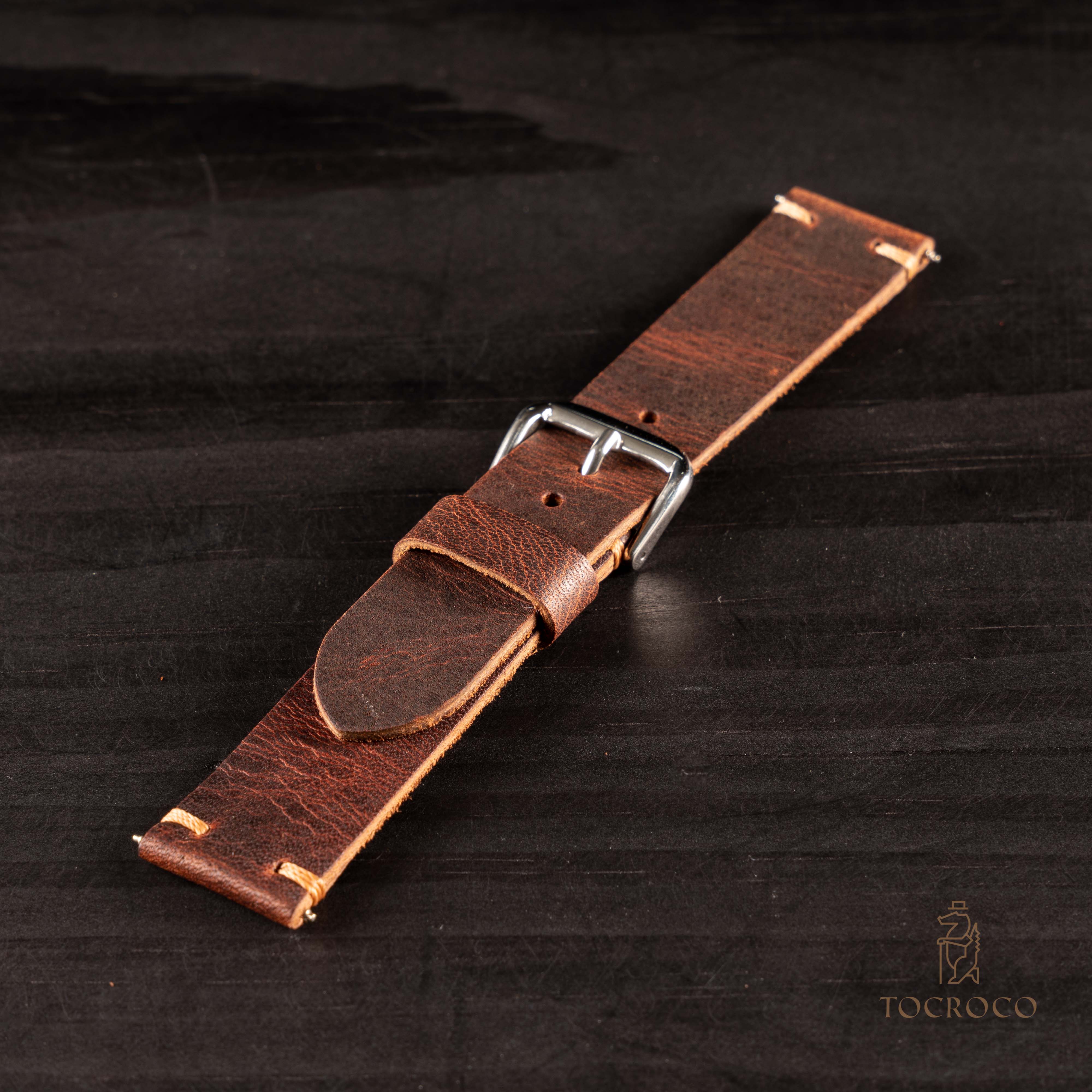 Dây đồng hồ vintage handmade da bò màu đen, nâu, xám, tan size 24/22/20/18/16mm