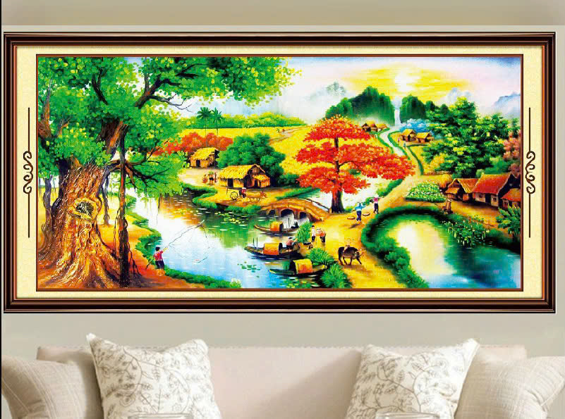 Tranh thêu chữ thập làng quê thanh bình -lv3031-kich thước 1mx50cm