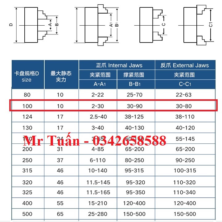 Mâm cặp 4 chấu 100mm K12-100