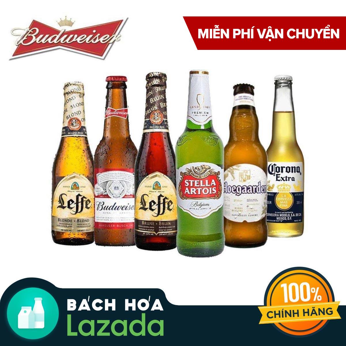 Bộ sưu tập bia cao cấp Beers of the World 6 chai - Budweiser, Leffe Blonde, Leffe Brune, Hoegaarden White, Stella Artois & Corona Extra Nhật Bản