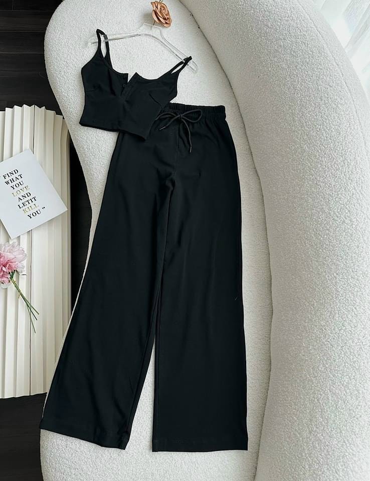 Sét bộ nữ 2 món áo 2 dây croptop ôm body phối quần dài lưng thun ống rộng chất vải thun gân len 4 chiều FreeSize