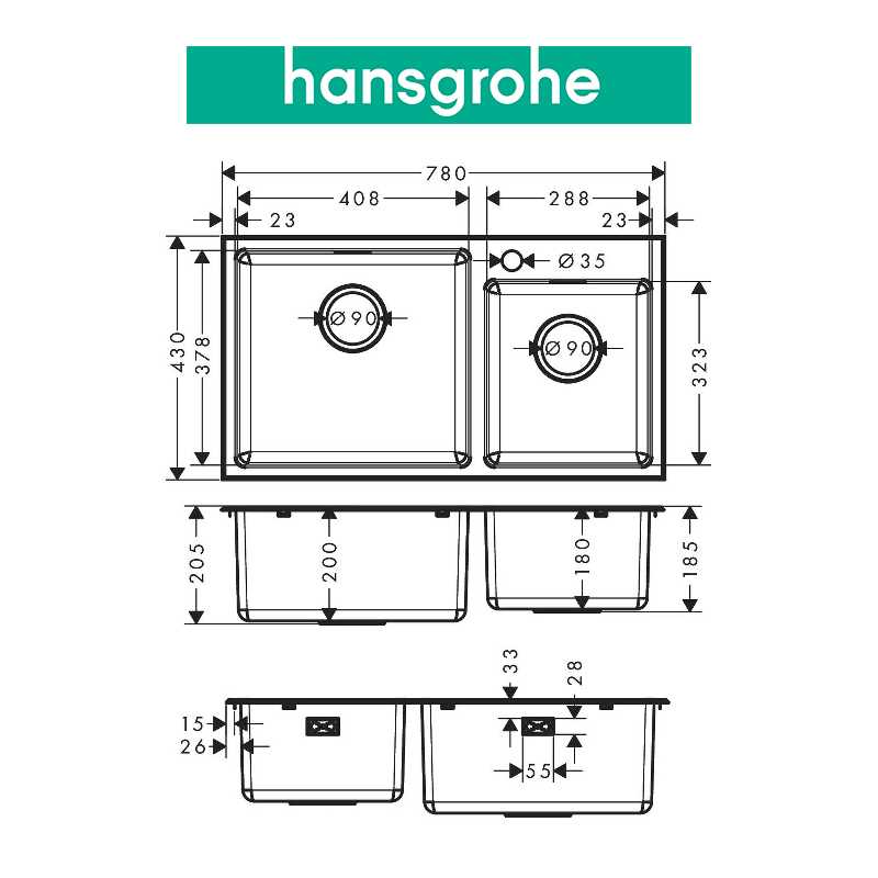 Chậu bếp đôi HANSGROHE Deep Drawn Sink S431-F730 43354