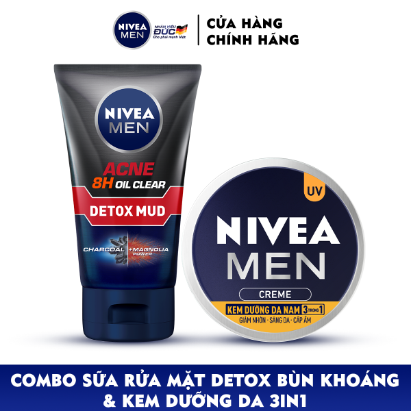 Combo NIVEA MEN chăm sóc da cho nam Sữa rửa mặt Detox Bùn khoáng giảm mụn (100g) - 83940 & Kem dưỡng da 3in1 giúp sáng da cấp ẩm (30g) - 83923 cao cấp