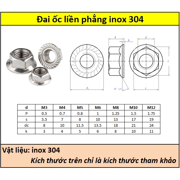 Đai ốc liền phẳng inox 304 (M3-M12)