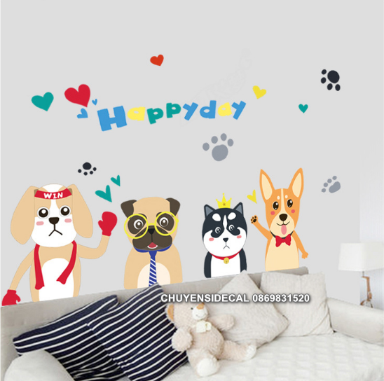 [HCM]Decal trang trí tường - Bày Chó HAPPY DAY