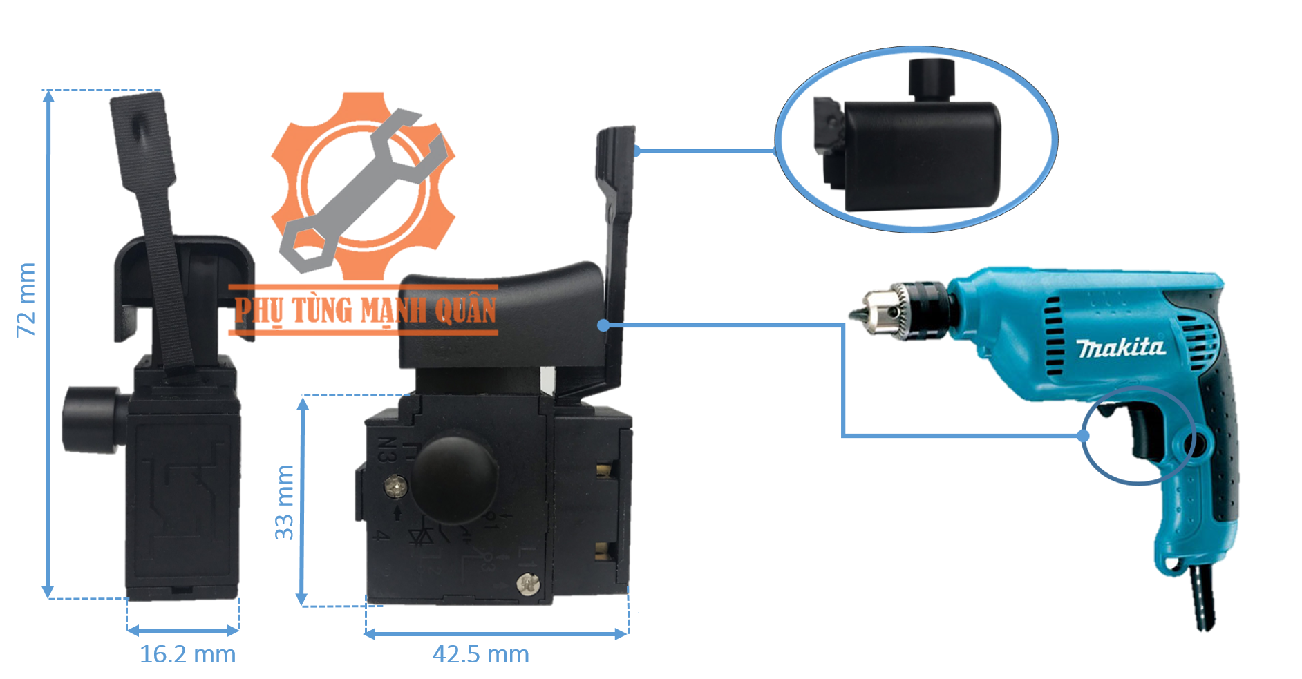 Công tắc máy khoan MAKITAA đầu 10mm