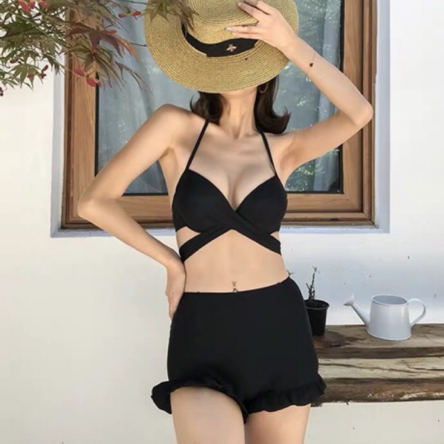 Bikini áo chéo eo nâng ngực mix quần cao short bèo
