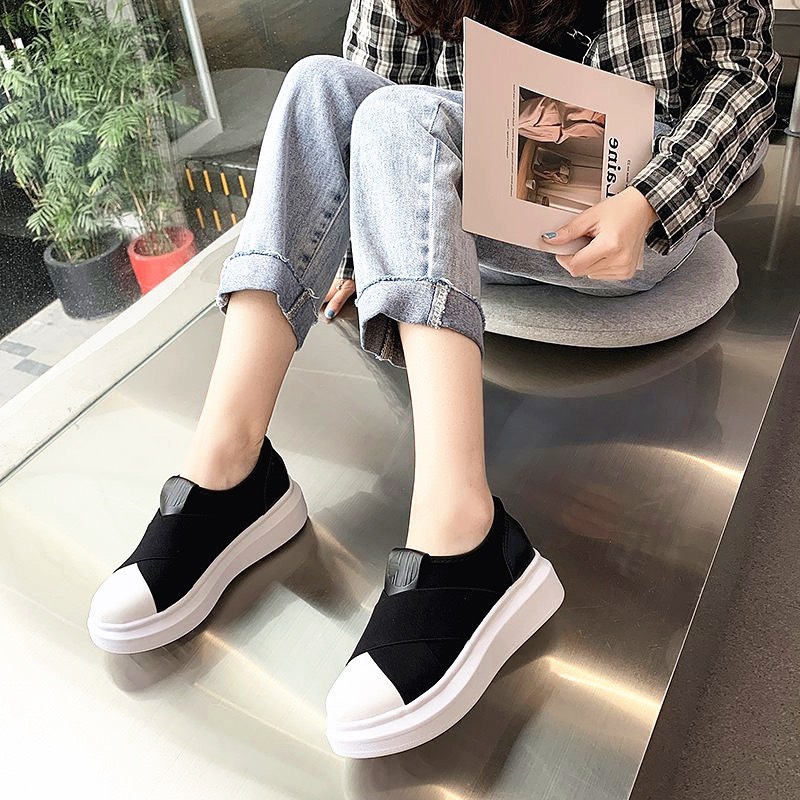 Giày Slipon Nữ đế độn lười vá trắng cực hot