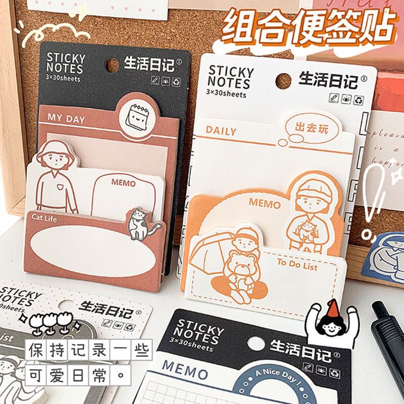 Giấy Note Dễ Thương, Giấy Note 3IN1 Có Keo Dán, Set 3 Loại Giấy Note Cartoon