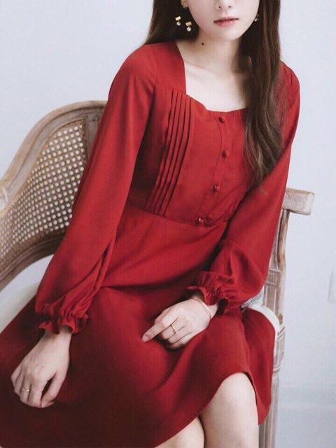 [HCM]Đầm đỏ tay dài nút bọc (kèm hình thật)