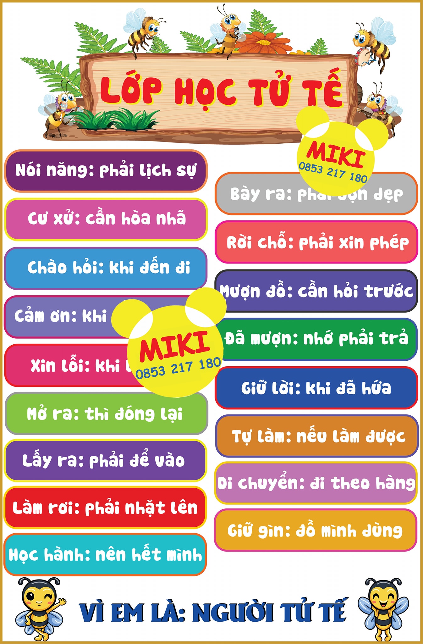 Tranh LỚP HỌC TỬ TẾ, trang trí lớp (Đồ Dùng Dạy Học Miki)
