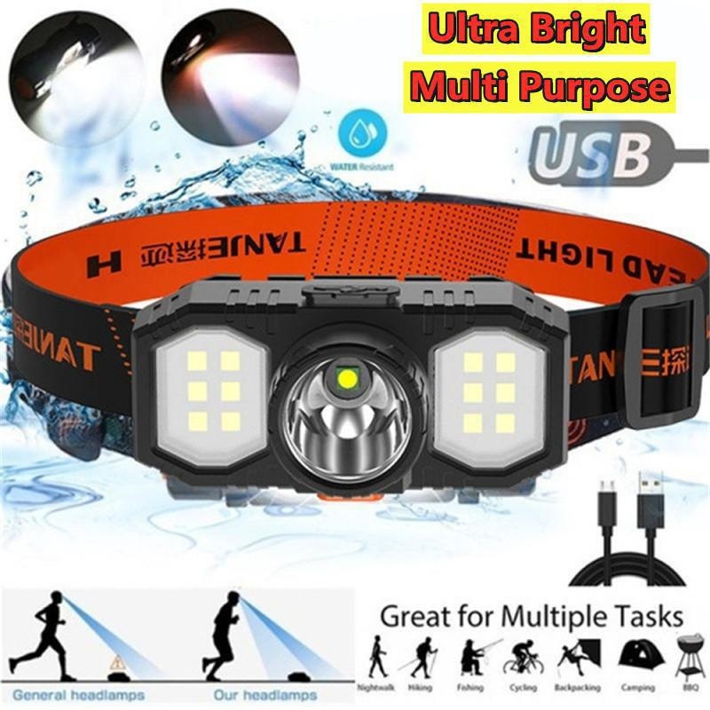 LED Headlamp USB Rechargeable Headlights with Built-in Battery Flashlights 3 Lighting Modes for Fishing Running