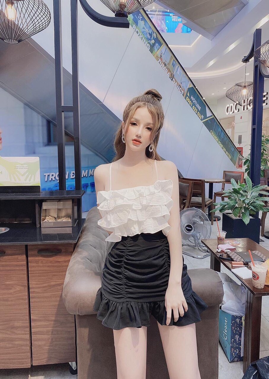 sét bộ áo xếp bèo 3 tầng chân váy nhún