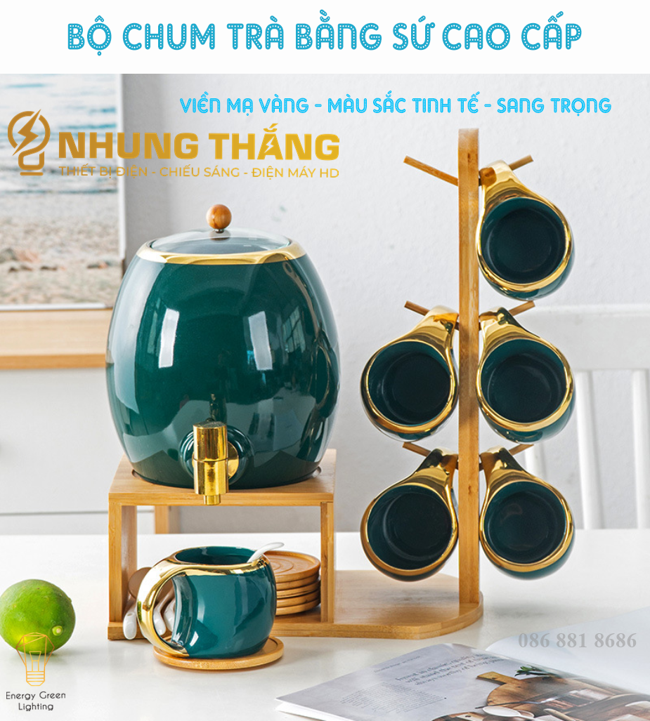 Bộ chum trà 6 ly bằng sứ cao cấp - dung tích 3l - tặng kèm kệ gỗ - chum trà sứ đa năng nước detox, nước hoa quả,trà nóng - có video