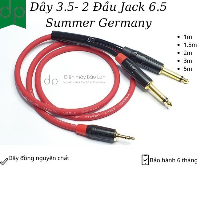 Dây 3.5 ra 2 đầu jack 6.5, dây 3.5mm stereo ra 2 đầu 6.5mm mono - hãng sommer germany đức, màu đỏ, bảo hành 6 tháng